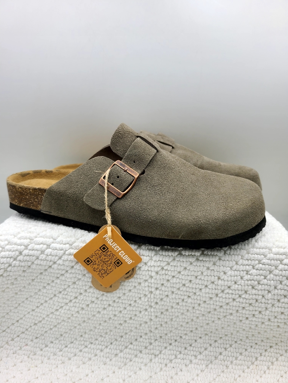 Men's Suede Slip-On Clog with Buckle in Taupe